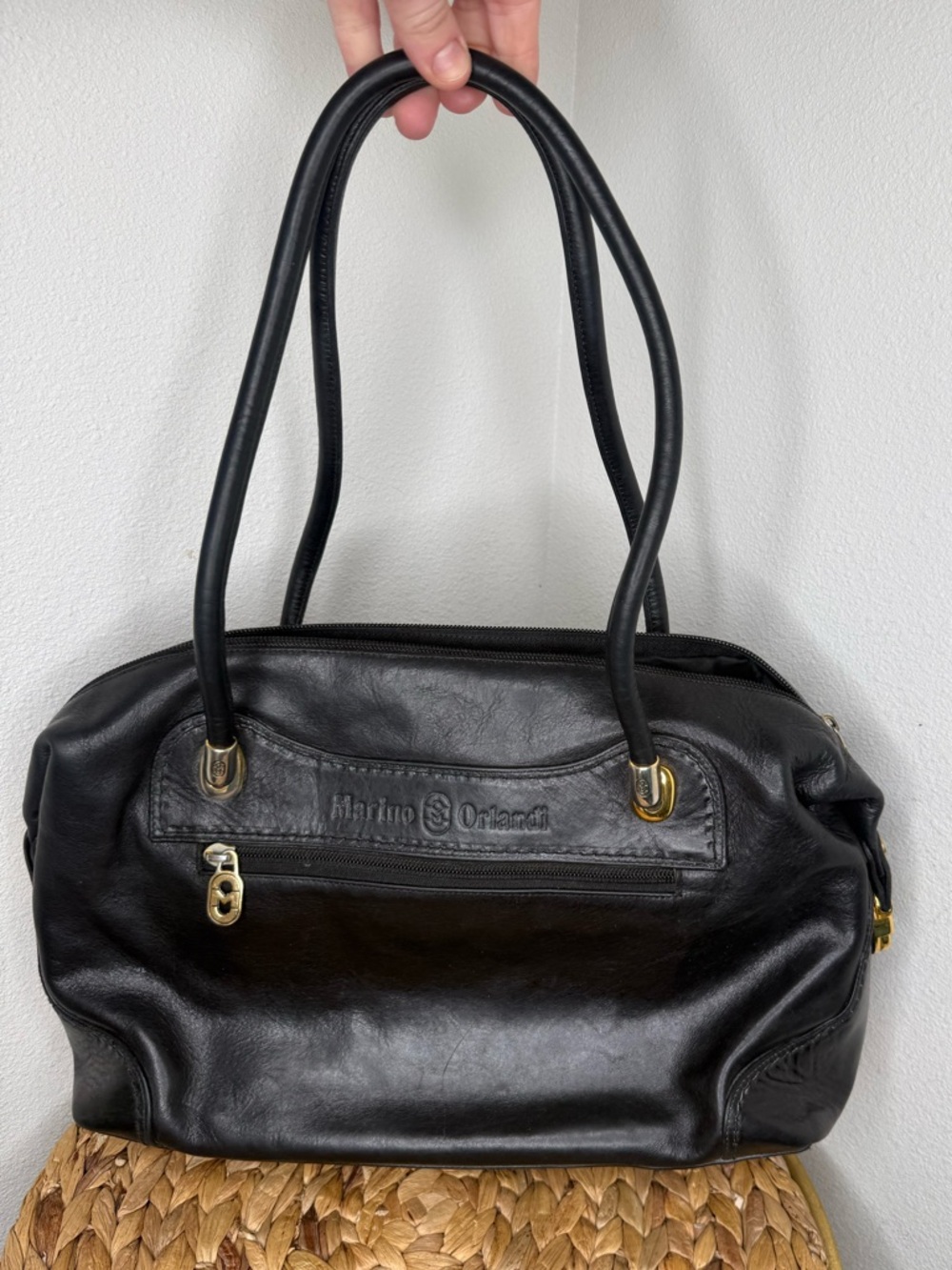 Marino Orlandi Black Leather Double-Handle Shoulder Bag with Gold Hardware